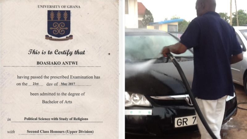 Top Legon Political Science graduate turns Washing bay attendant