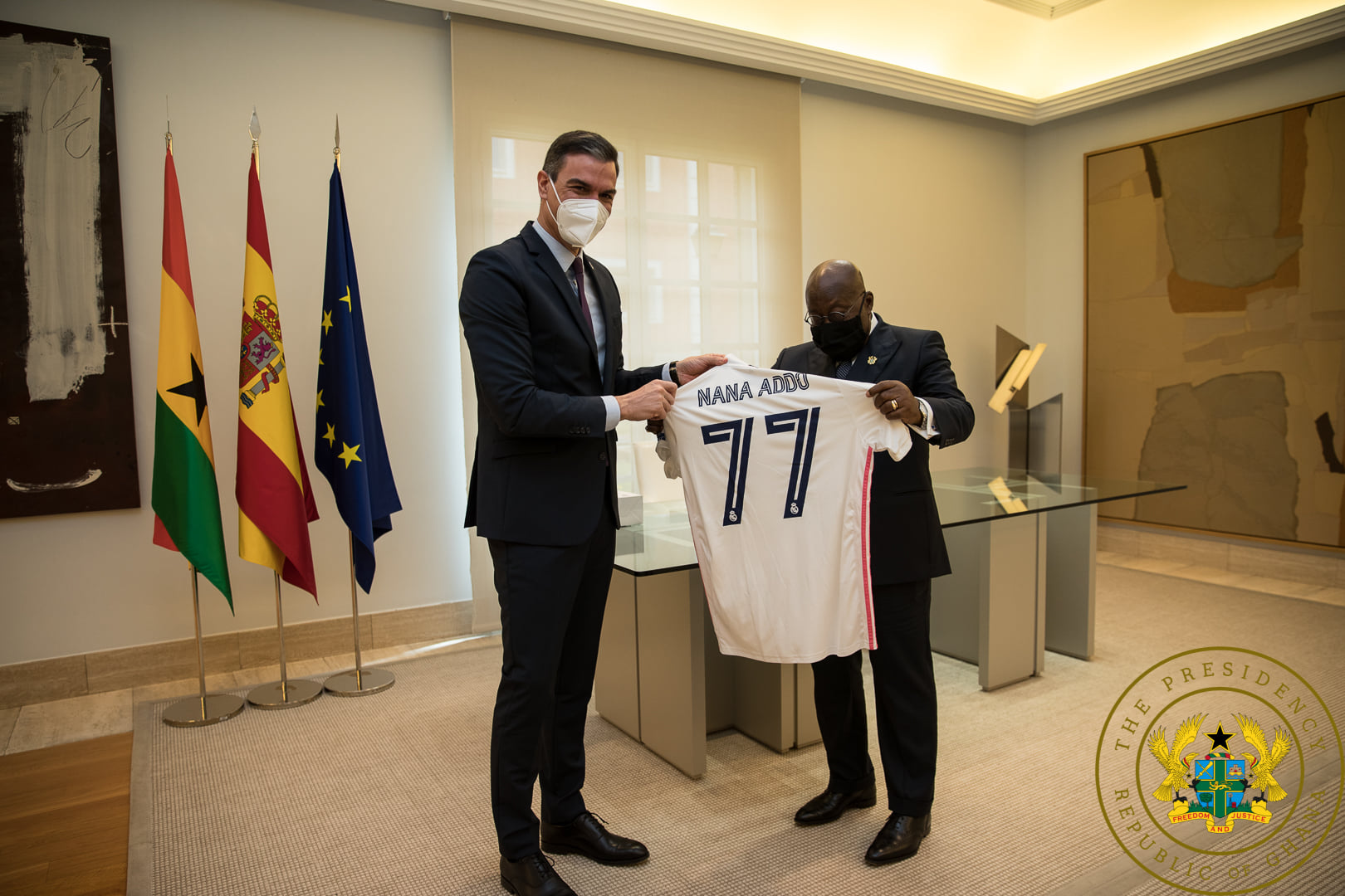 Nana Addo receives customized Real Madrid jersey from Spanish PM to celebrate his 77th birthday